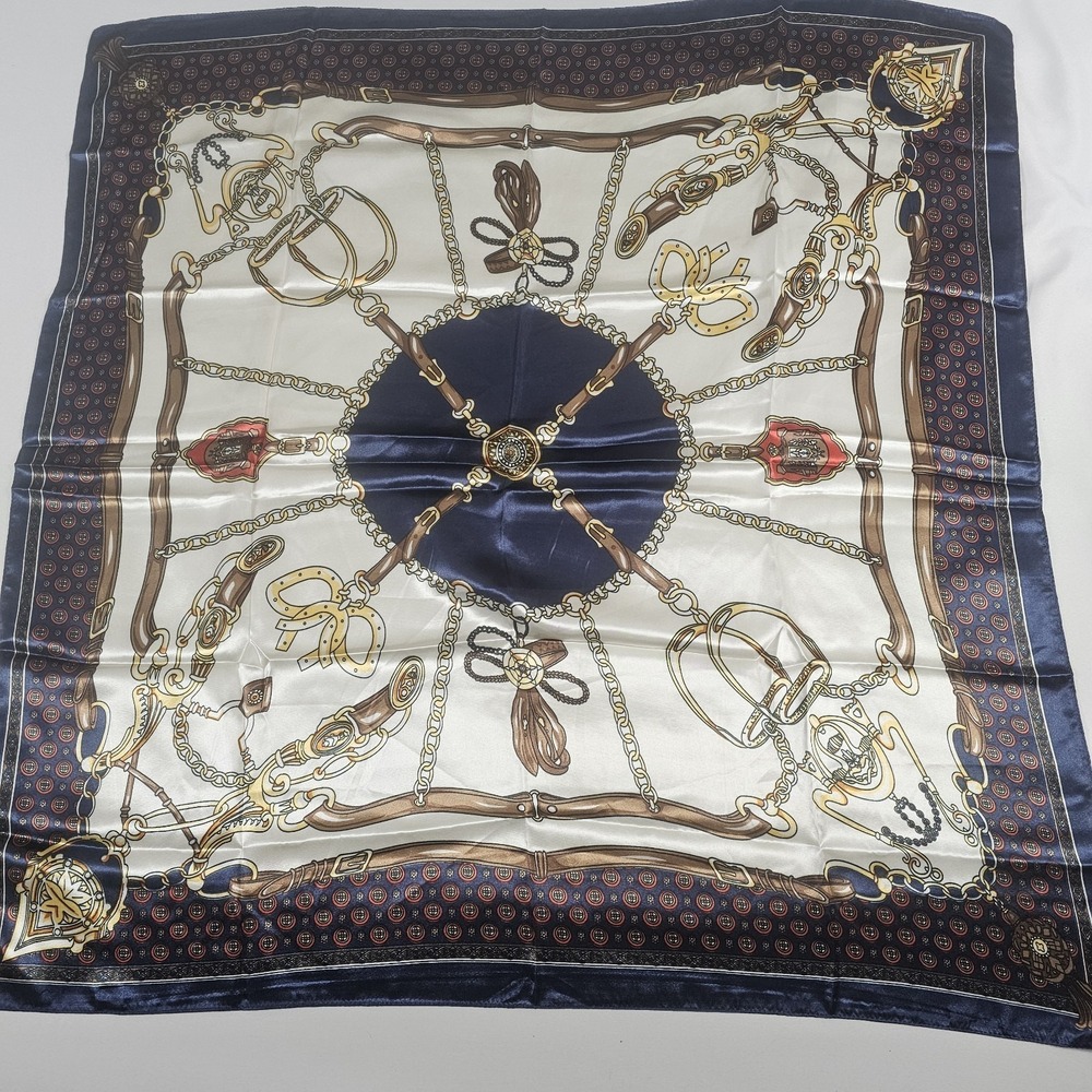 Equestrian Scarf Horse Tack Chain Print Navy Cream Gold 34 X‎ 34